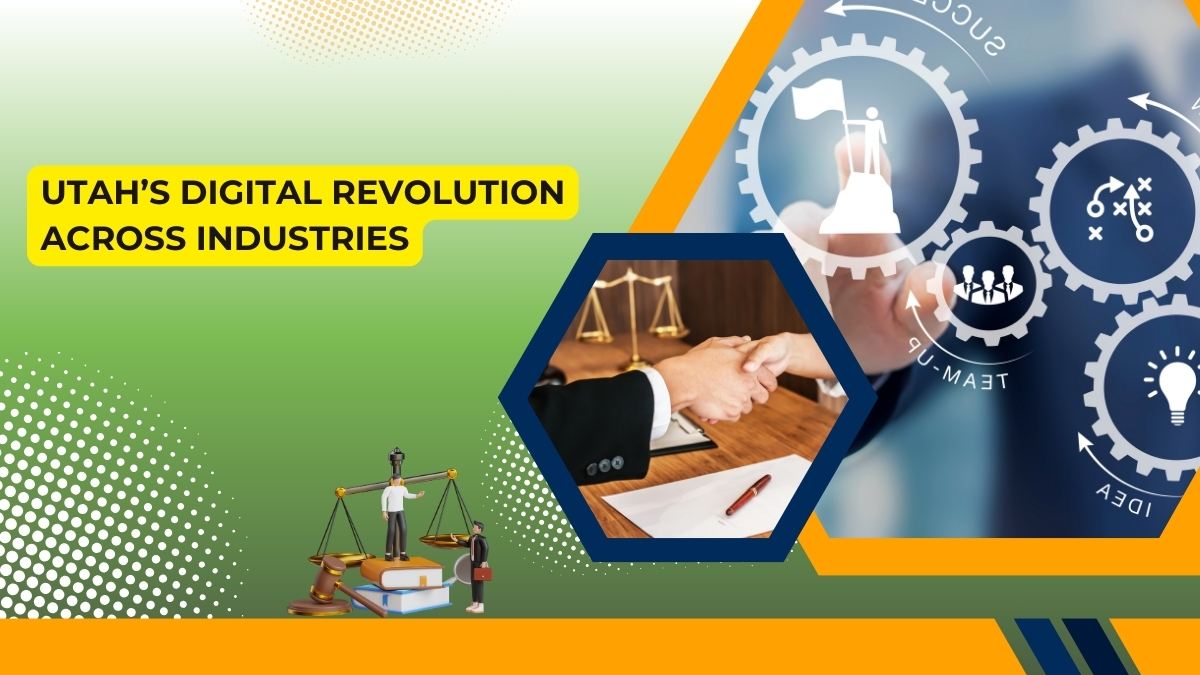 Utah’s digital revolution across industries banner showing handshake, legal scales, and business strategy icons – Best Mobile App Development Agency in Utah & Best Law Firm Marketing Agency in Utah